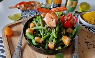 Haricots verts en salade avec ses crevettes roses